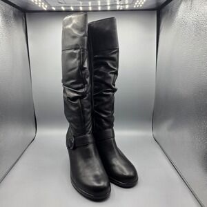 Dansko Brielle Boots Womens 39 Black Leather Tall Knee High Buckle Block Heel